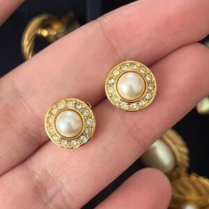 Vintage Christian Dior Classic Pearl Rhinestone Mini Round Gold Pierced Earrings
